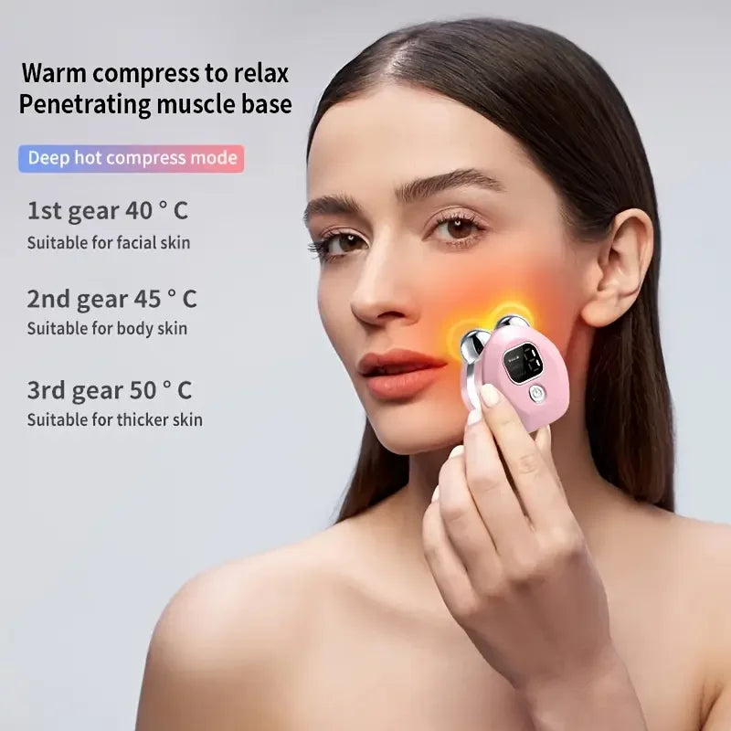 Woman using a pink handheld device on her face with temperature settings displayed.