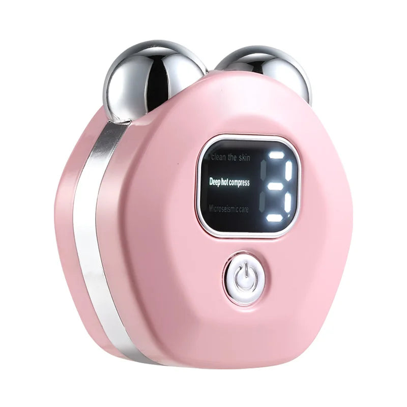 Pink electronic device with digital display on a white background