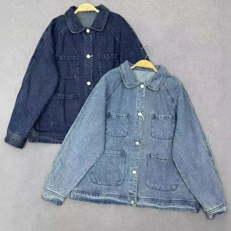 Retro Denim Cotton Jackets Japanese Raglan Sleeve