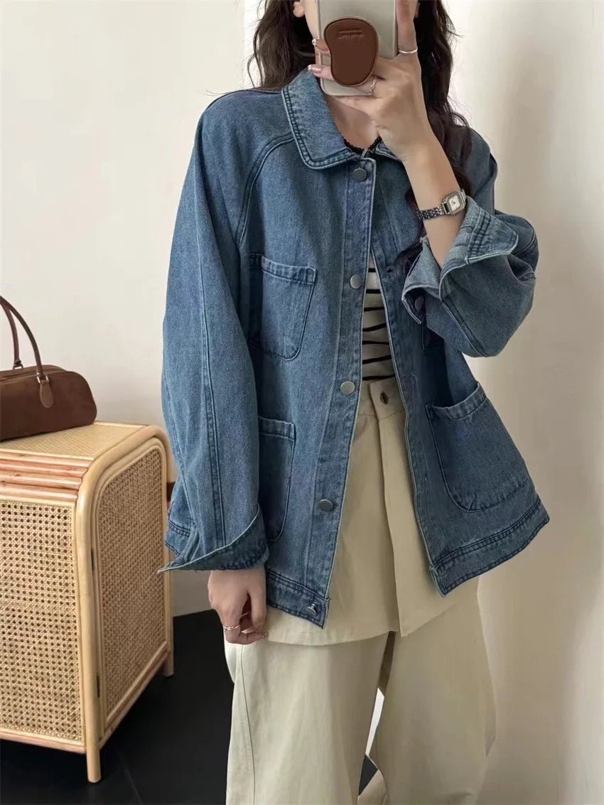 Retro Denim Cotton Jackets Japanese Raglan Sleeve