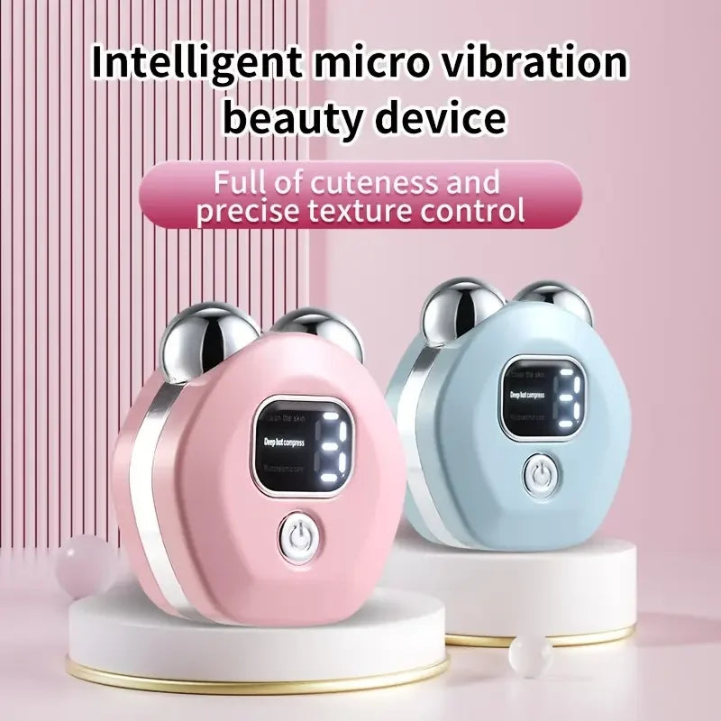 Pink and blue electronic devices with digital displays on a pink background