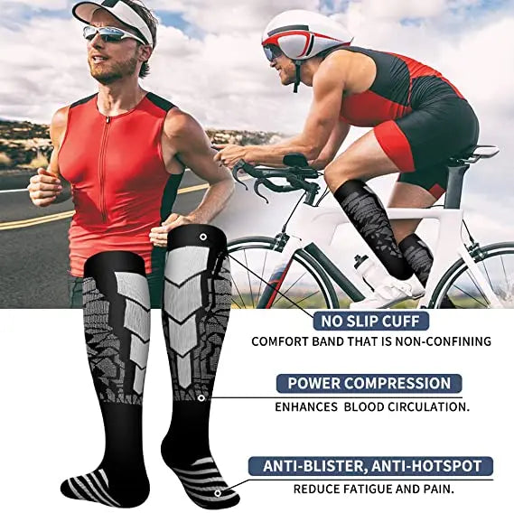A man runs in red athletic gear and another cycles, both wearing Littles Collection Compression Socks Varicose Veins Medical Marathon—featuring no slip cuff, power compression for performance, plus anti-blister and anti-hotspot benefits.