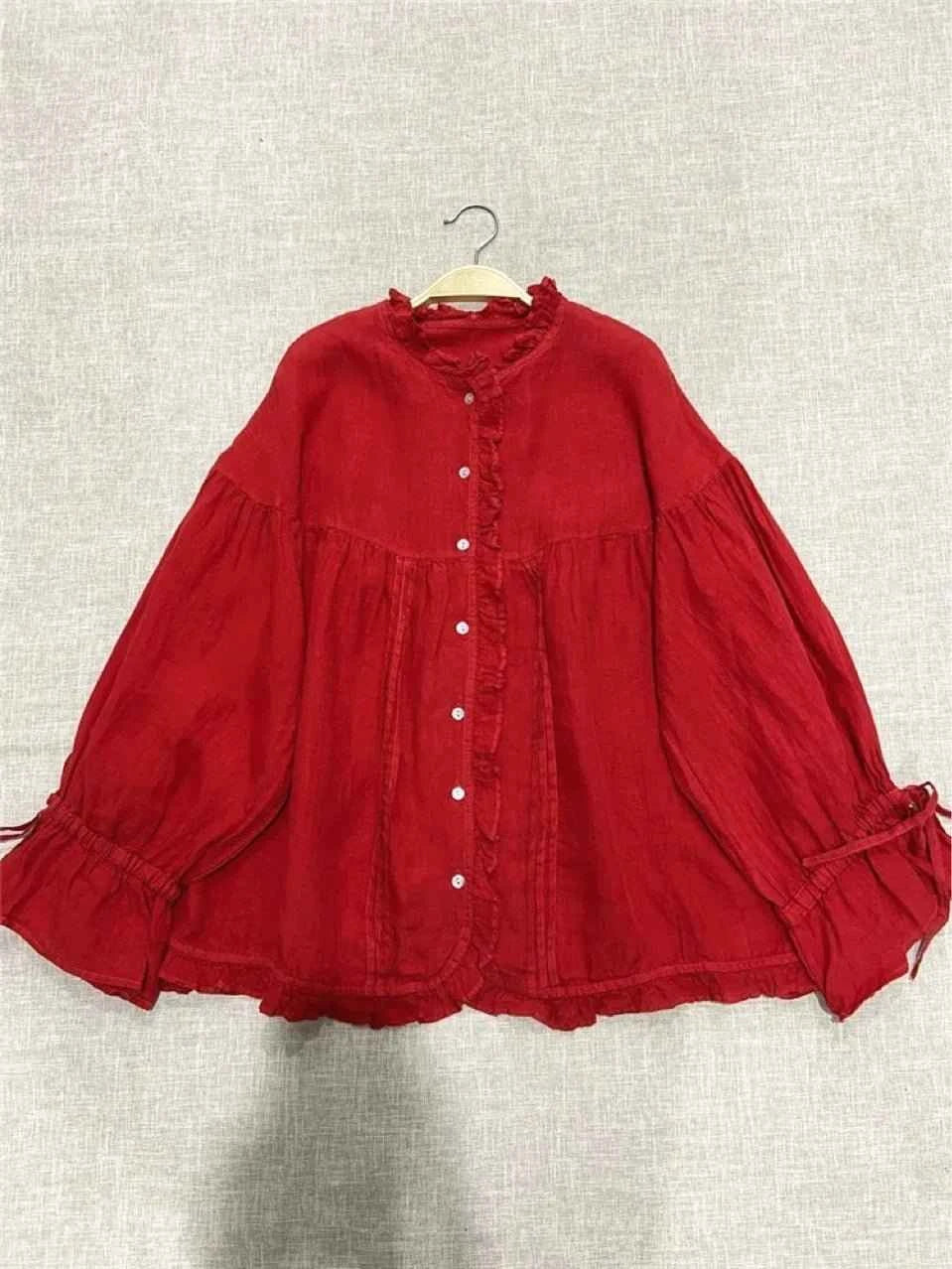 Retro Linen Ear Balloon Sleeve Blouse