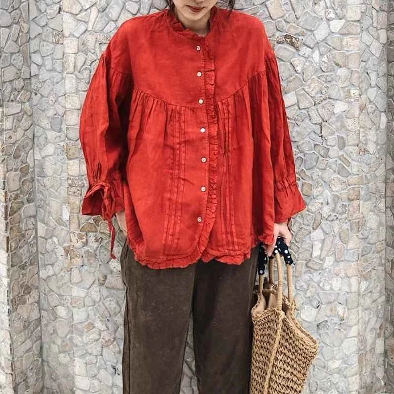 Retro Linen Ear Balloon Sleeve Blouse