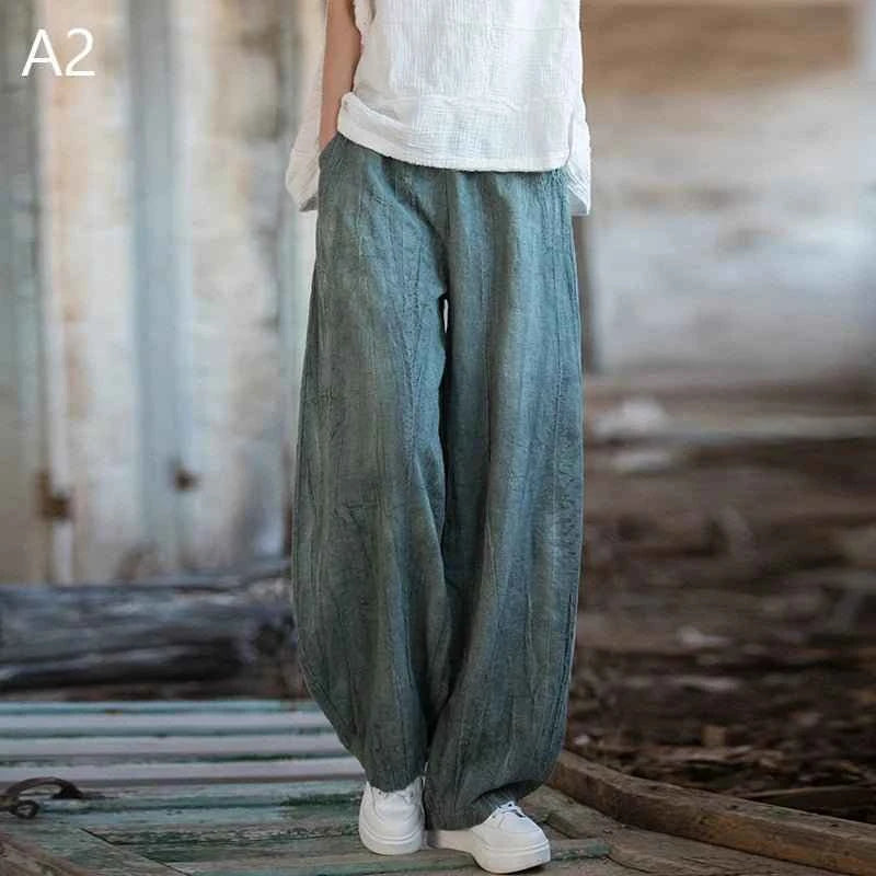 Women Vintage Literature Tie-dye Pants Cotton Linen