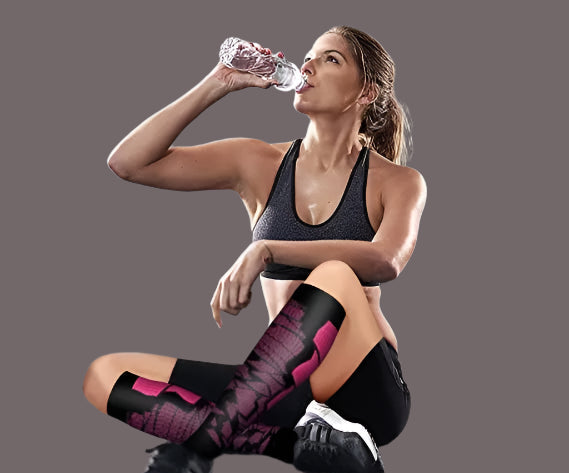 A woman in athletic wear sits on the floor, drinking water. She wears a sports bra, black shorts, and Littles Collection Compression Socks Varicose Veins Medical Marathon in pink and black against a plain gray background.