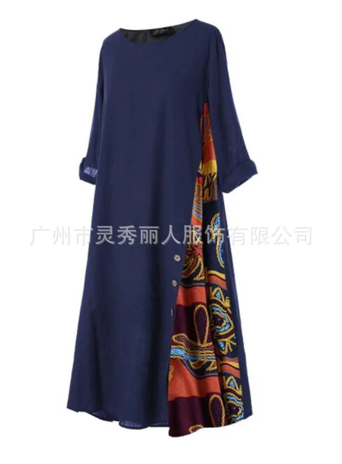 Contrast a line long cotton dress