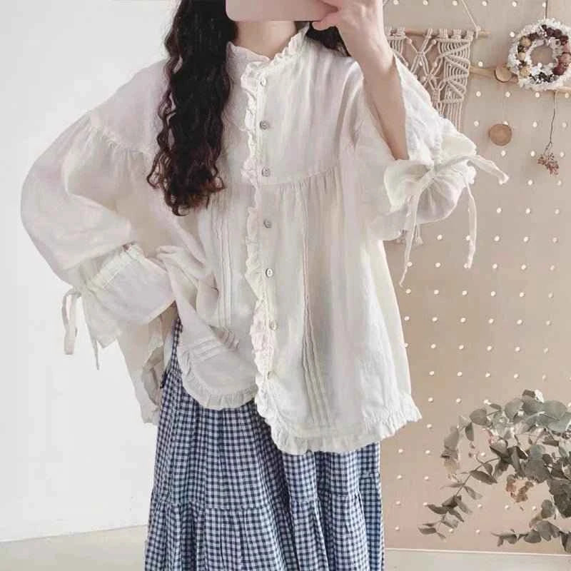 Retro Linen Ear Balloon Sleeve Blouse
