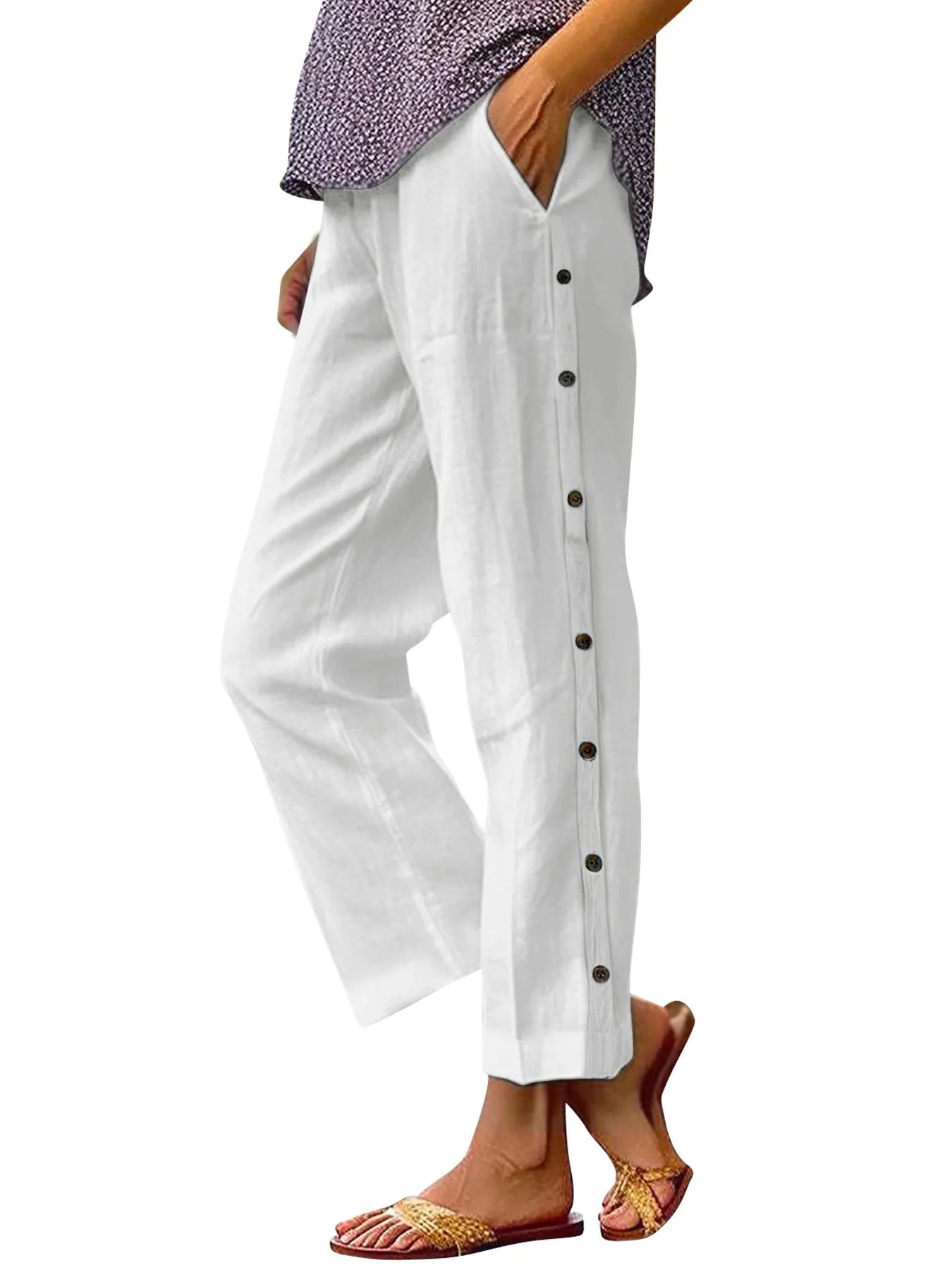 Side Decor Button Casual Wide Leg Pants Plus Size