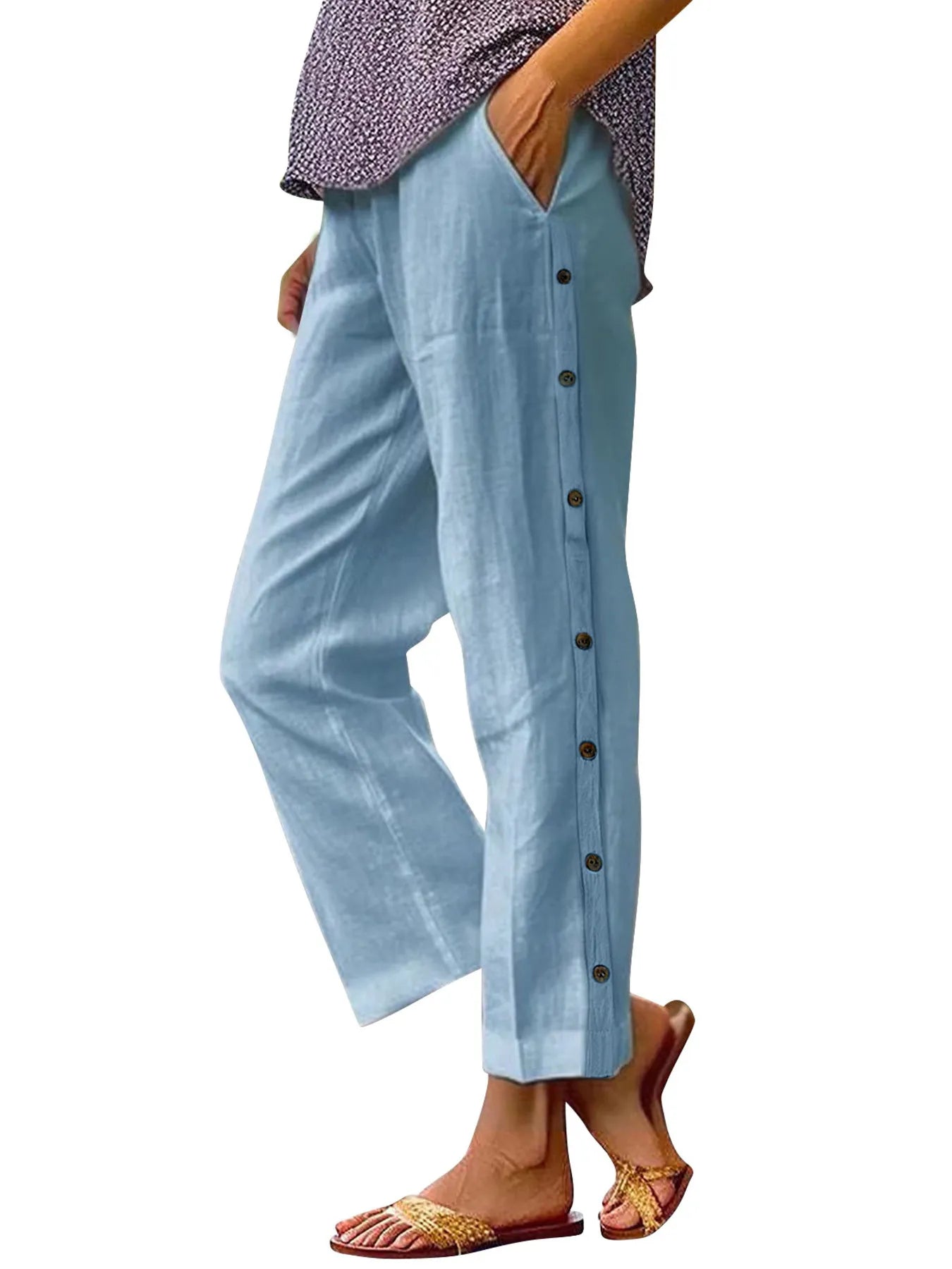 Side Decor Button Casual Wide Leg Pants Plus Size 4-Max-Origin