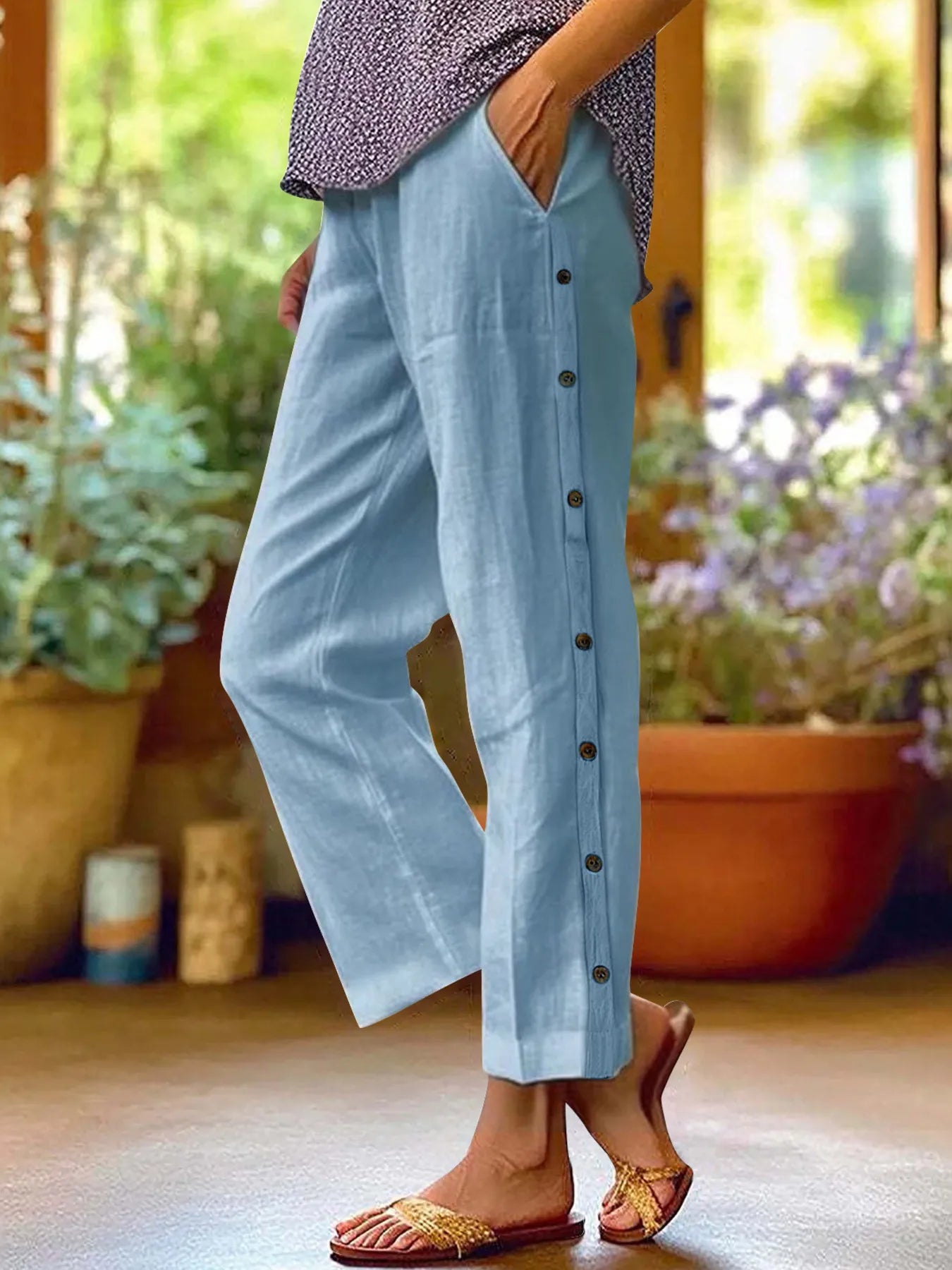 Side Decor Button Casual Wide Leg Pants Plus Size-Max-Origin
