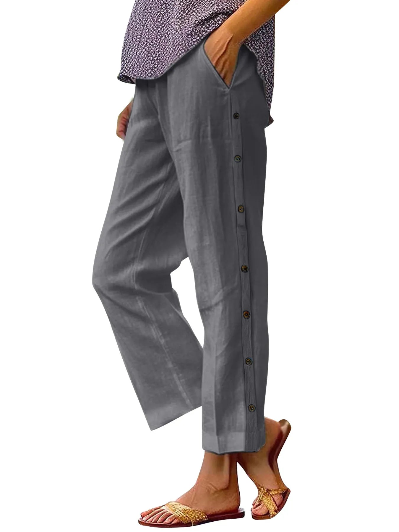 Side Decor Button Casual Wide Leg Pants Plus Size 8-Max-Origin
