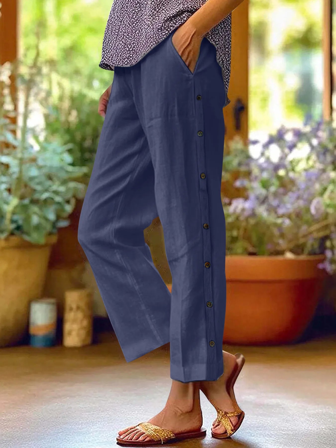 Side Decor Button Casual Wide Leg Pants Plus Size-Max-Origin