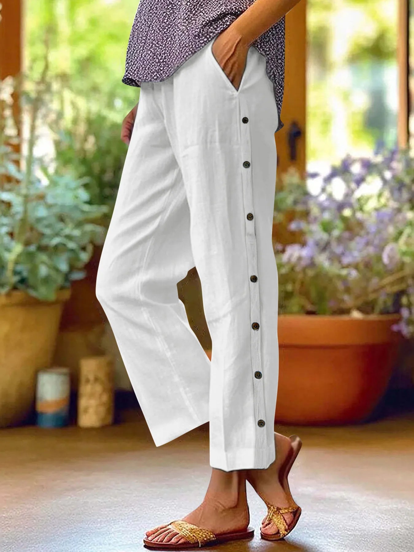 Side Decor Button Casual Wide Leg Pants Plus Size -Max-Origin