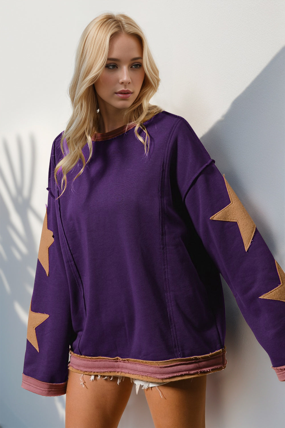 Double Take Star Patched Long Sleeve Sweatshirt - Littles Collection