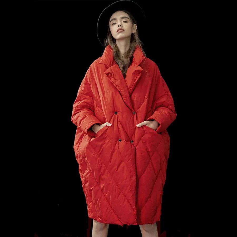Thicker Duck Down Jacket Cocoon&Bat Type Parkas Big Pocket red women_fashion - littlescollection