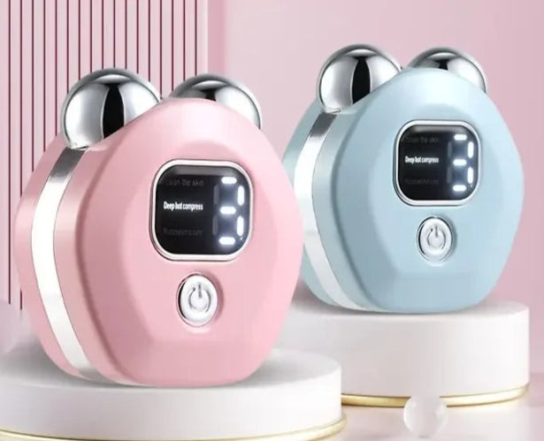 Two beauty devices, one pink and one blue, on a pink background with text about intelligent micro vibration.