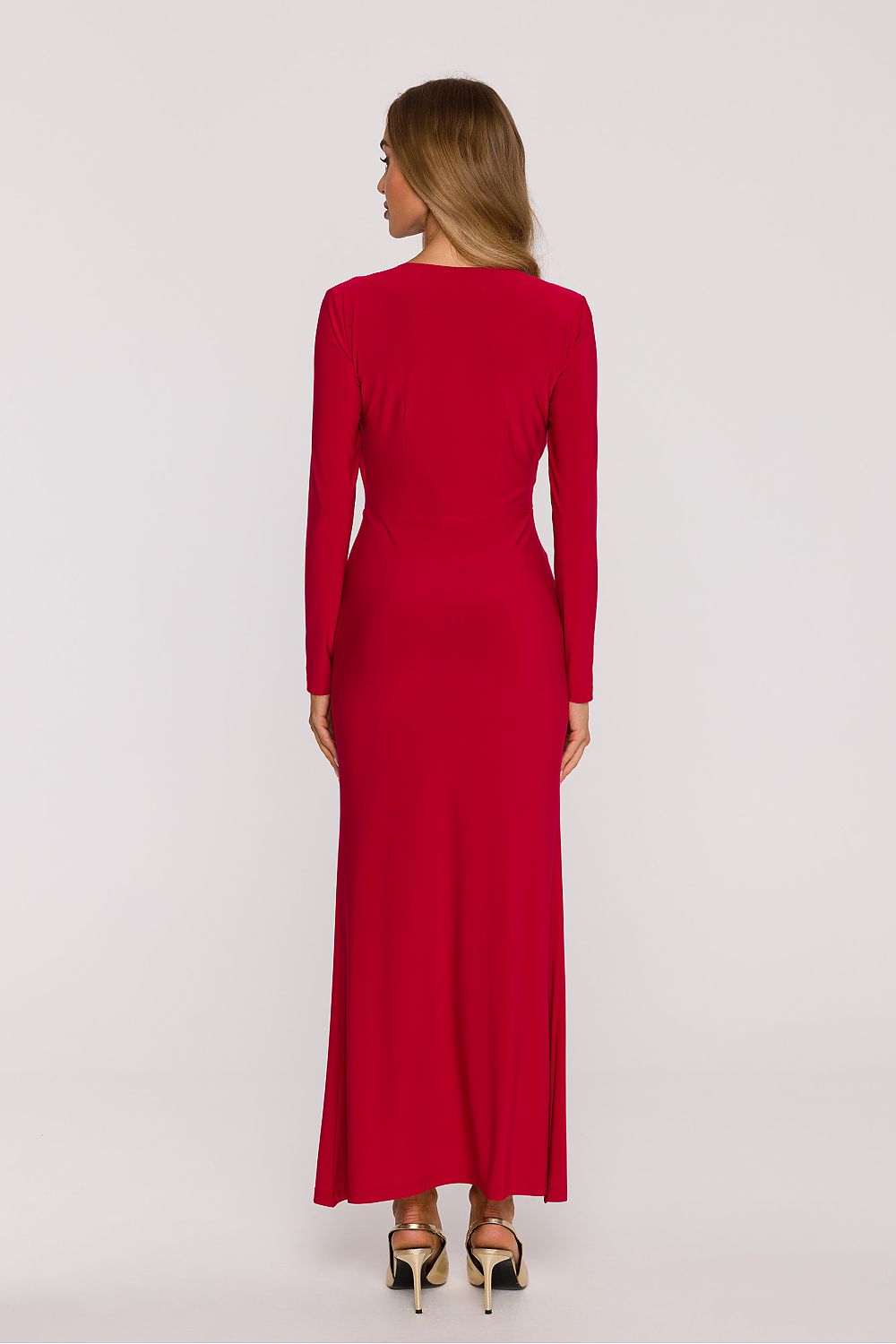 V_neck_long_dress_red back