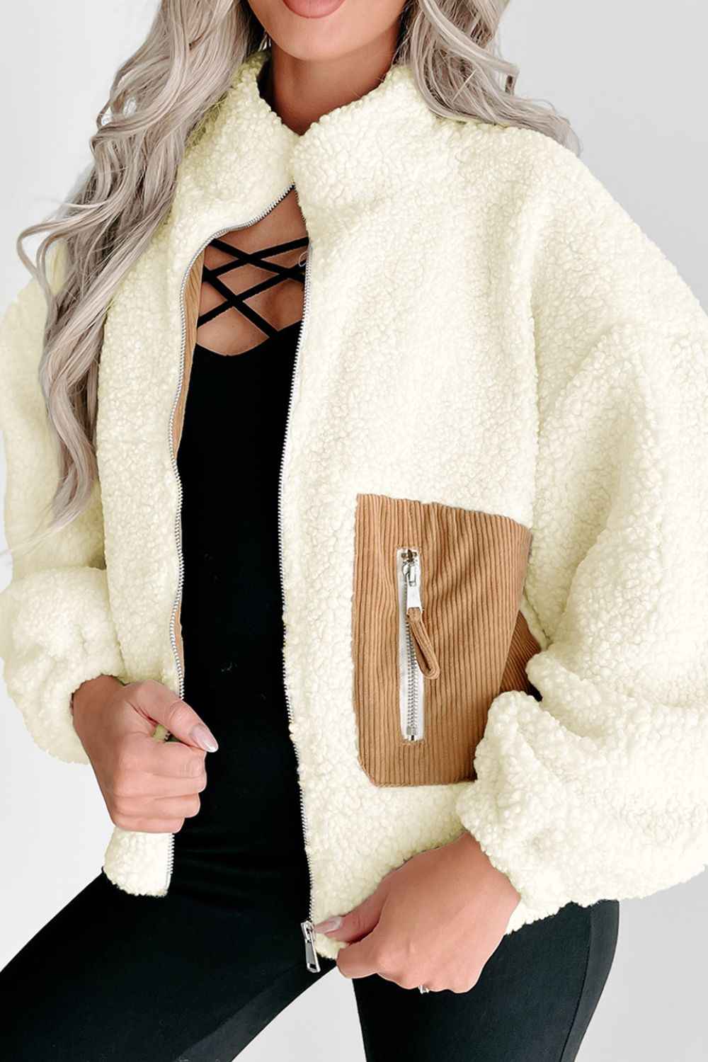 Beige Colour Sweater Jacket With Patch Pockets & Zip