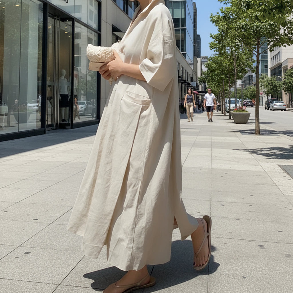Women Vintage Cotton Linen Dresses V-Neck Solid Color Robes Short Sleeve with Pockets.