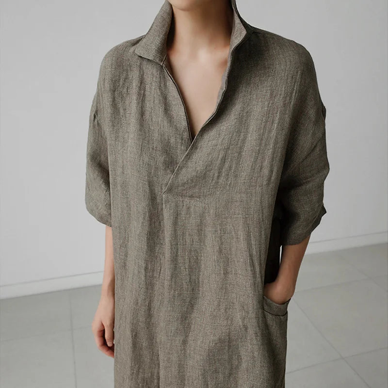 JNT Women Vintage Cotton Linen Pocket Dresses White - Littles Collection