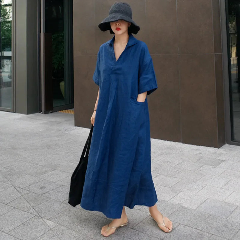 Women linen long dress with pocket blue color loose fit