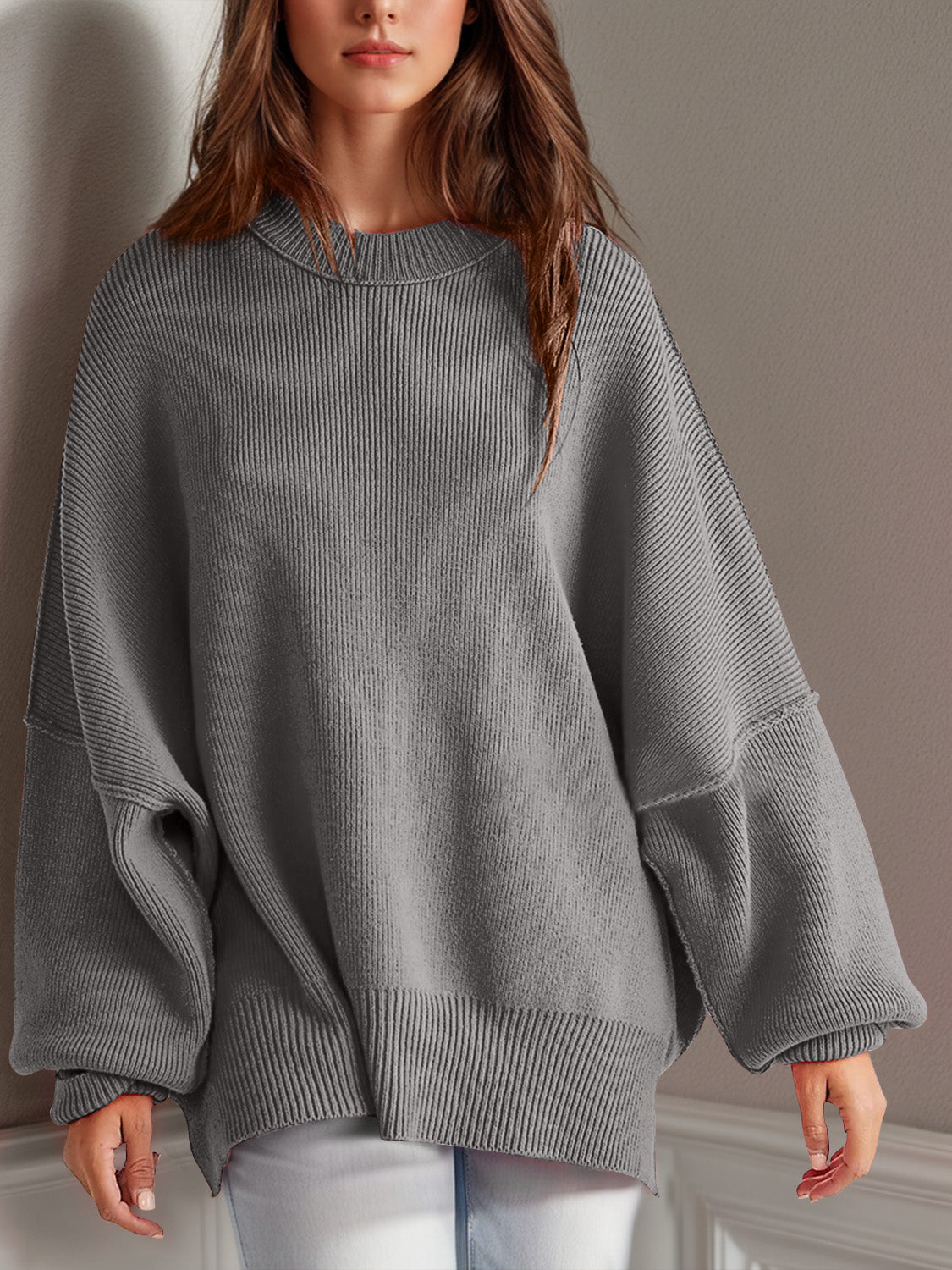 Double Take Side Slit Oversized Sweater - Littles Collection