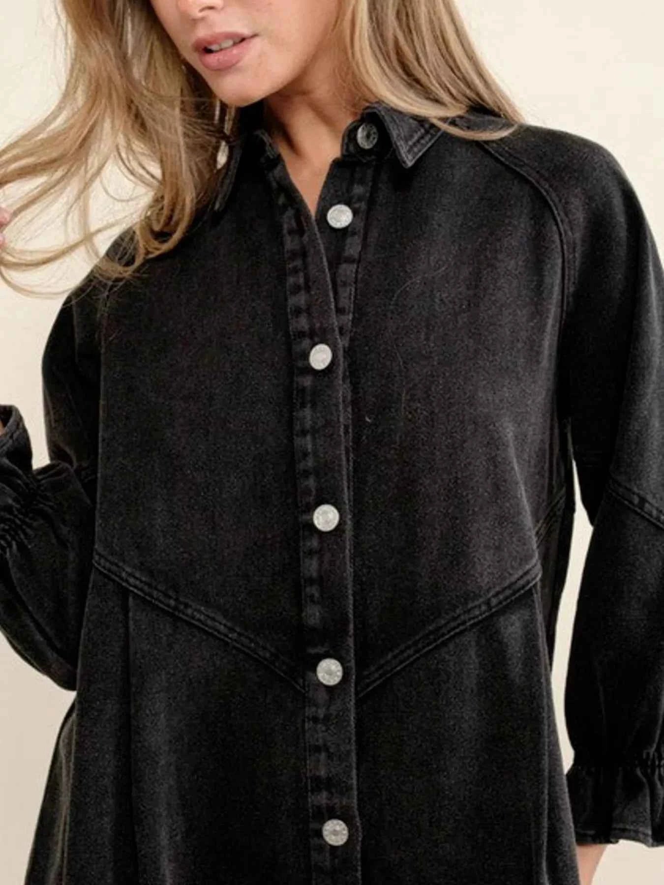 Ruffled Cuff Button-Down Denim Dress