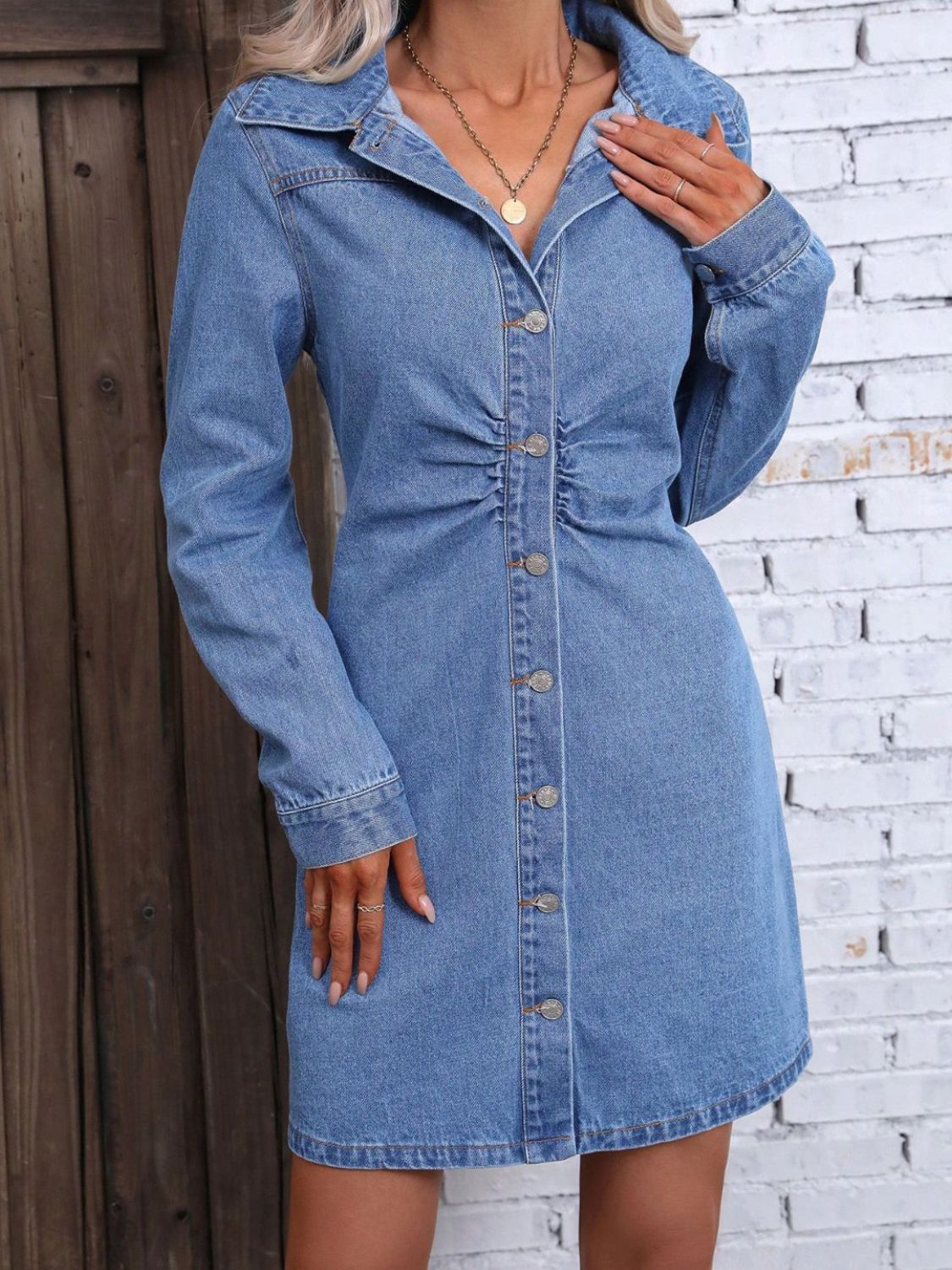 Ruched Button Up Cotton Denim Midi Dress - Littles Collection