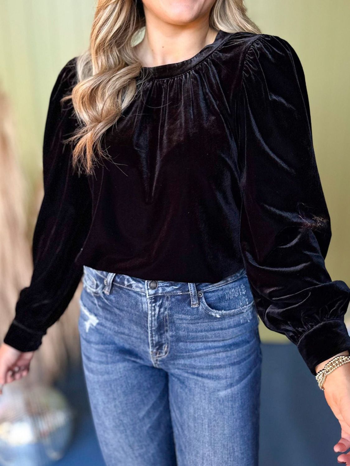 Ruched Neck Long Sleeve Blouse - Littles Collection
