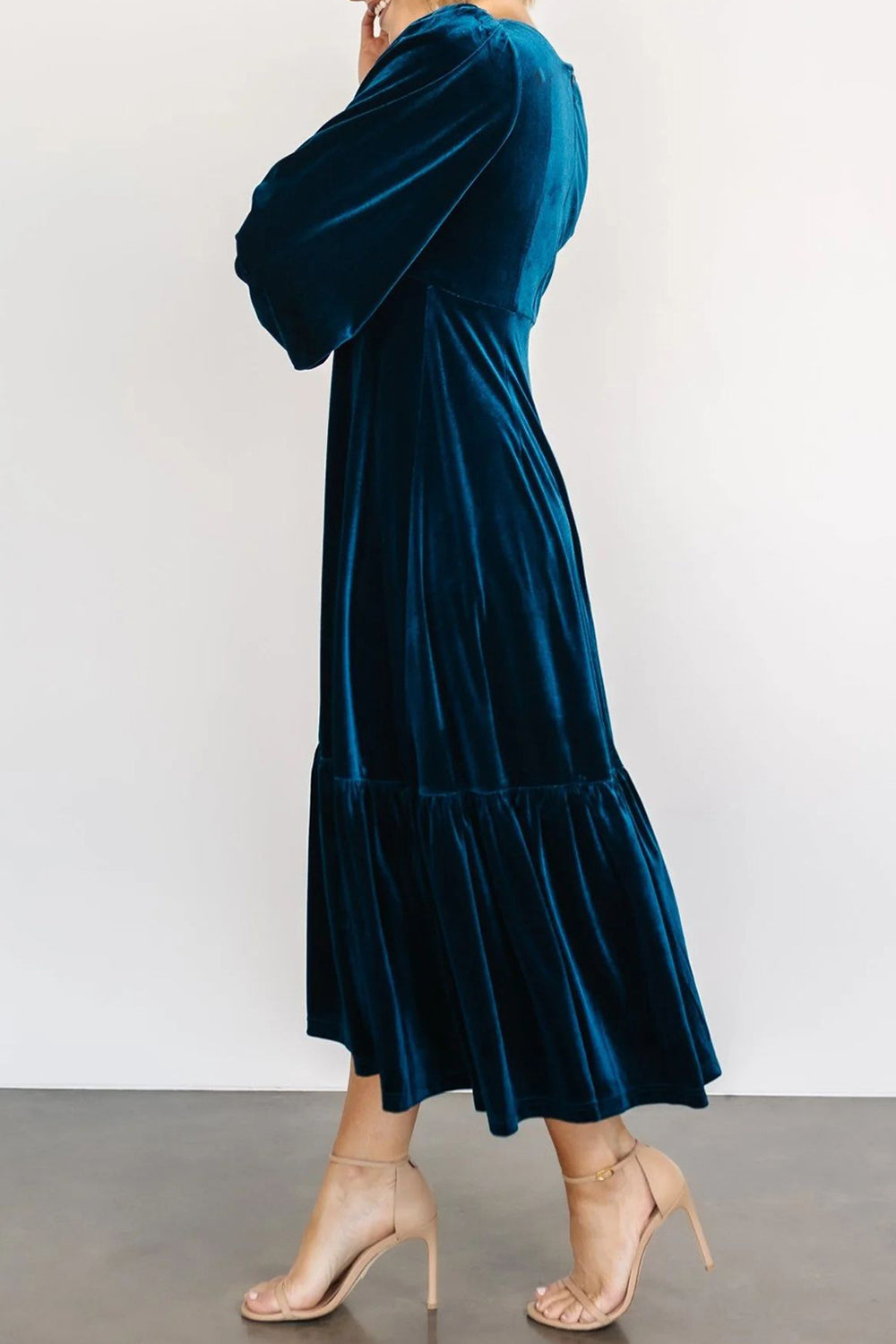 V-Neck Long Sleeve Midi Velvet Dress - Littles Collection