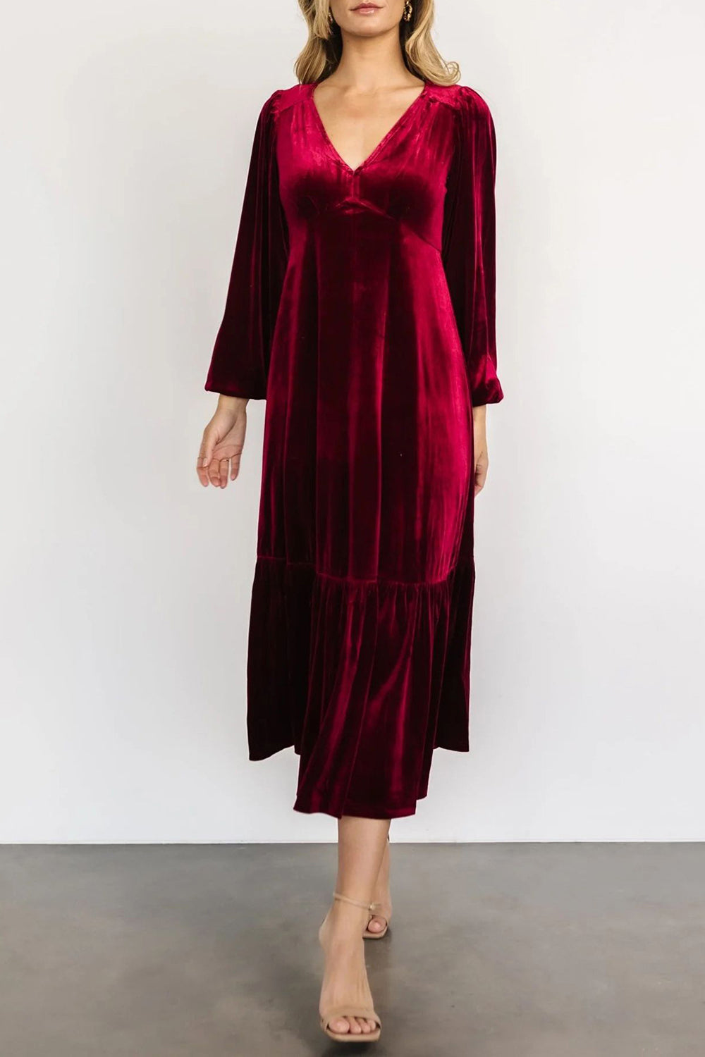 V-Neck Long Sleeve Midi Velvet Dress - Littles Collection