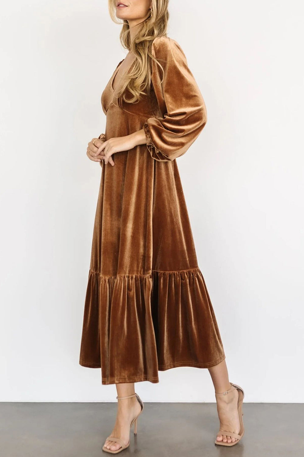 V-Neck Long Sleeve Midi Velvet Dress - Littles Collection
