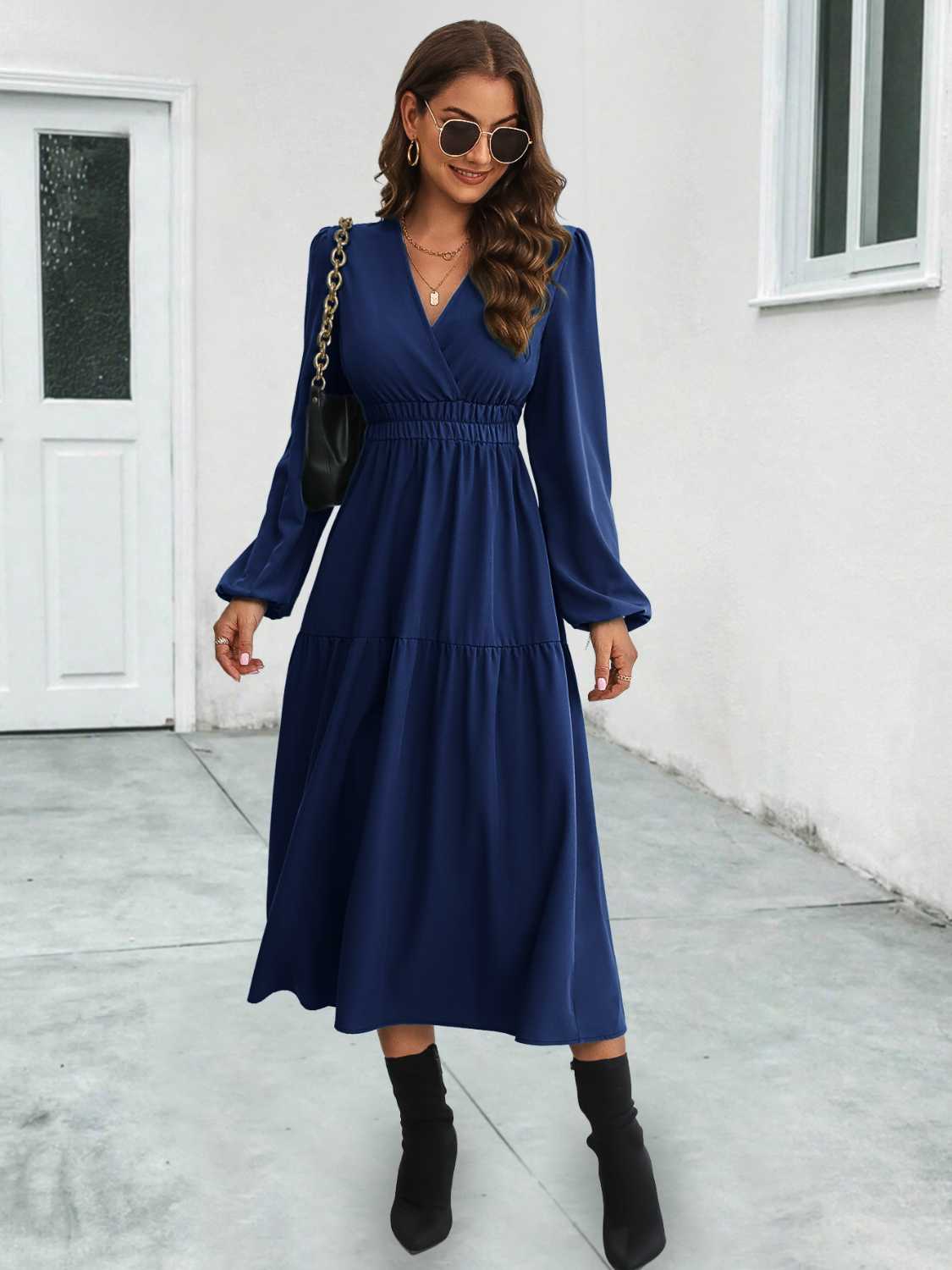 Surplice Neck Midi Flared Dress - Littles Collection
