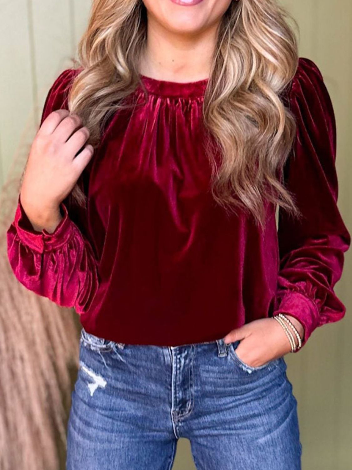 Ruched Neck Long Sleeve Blouse - Littles Collection