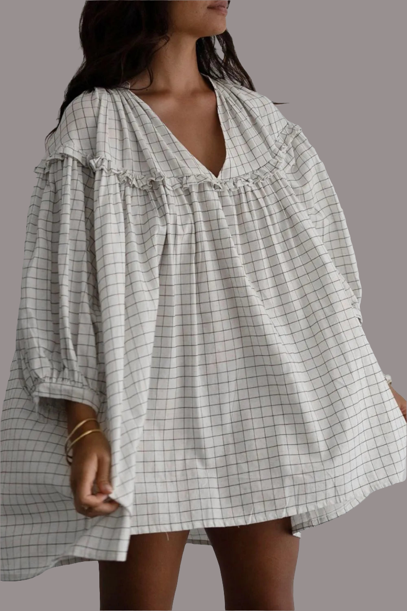 Frill-Plaid-Notched-Balloon-Sleeve-Mini-Dress