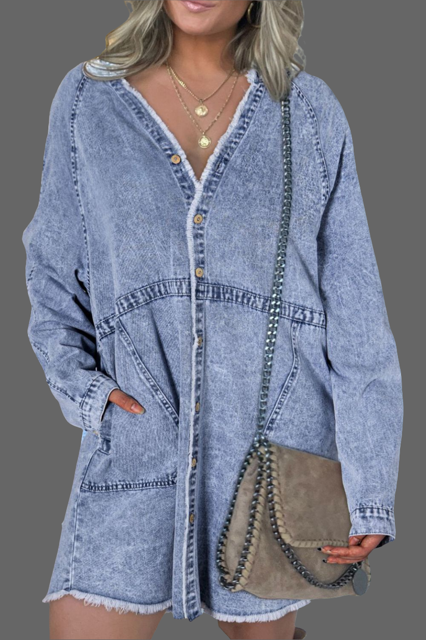 Loose button up denim midi dress full sleeve patch pockets washed blue color casual vacation dress