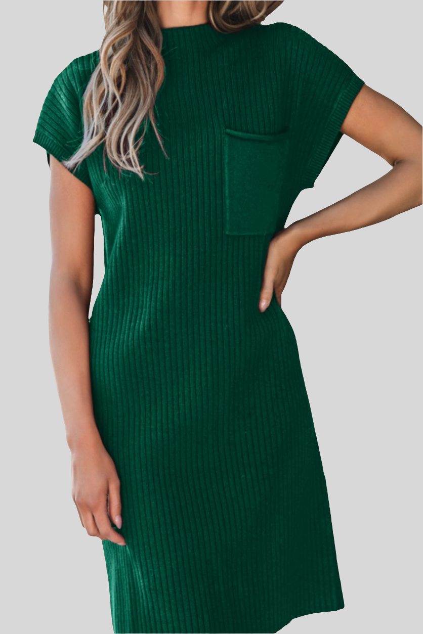 Elegant drop shoulder highneck party top patch pockets style green