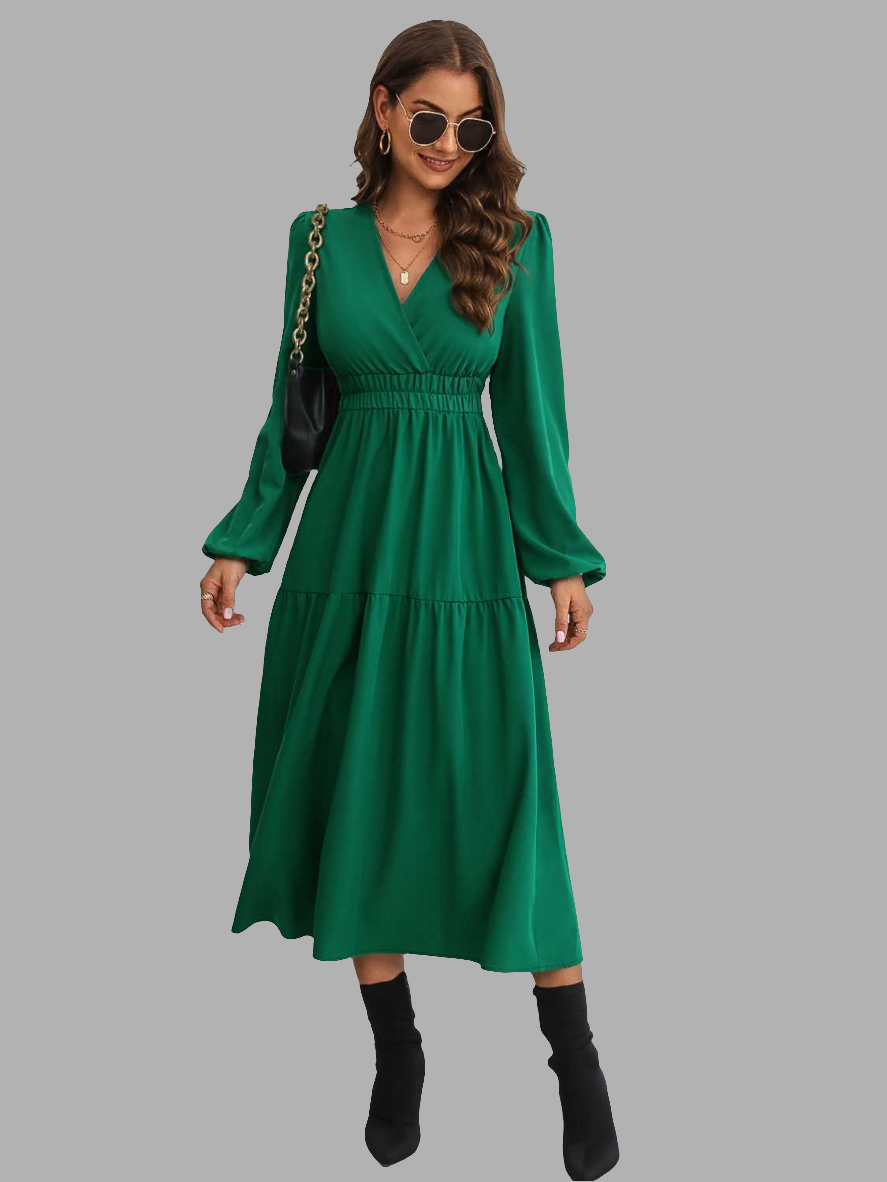 green party dress Christmas flayer dress. A line puff sleeve long dress crossover neck