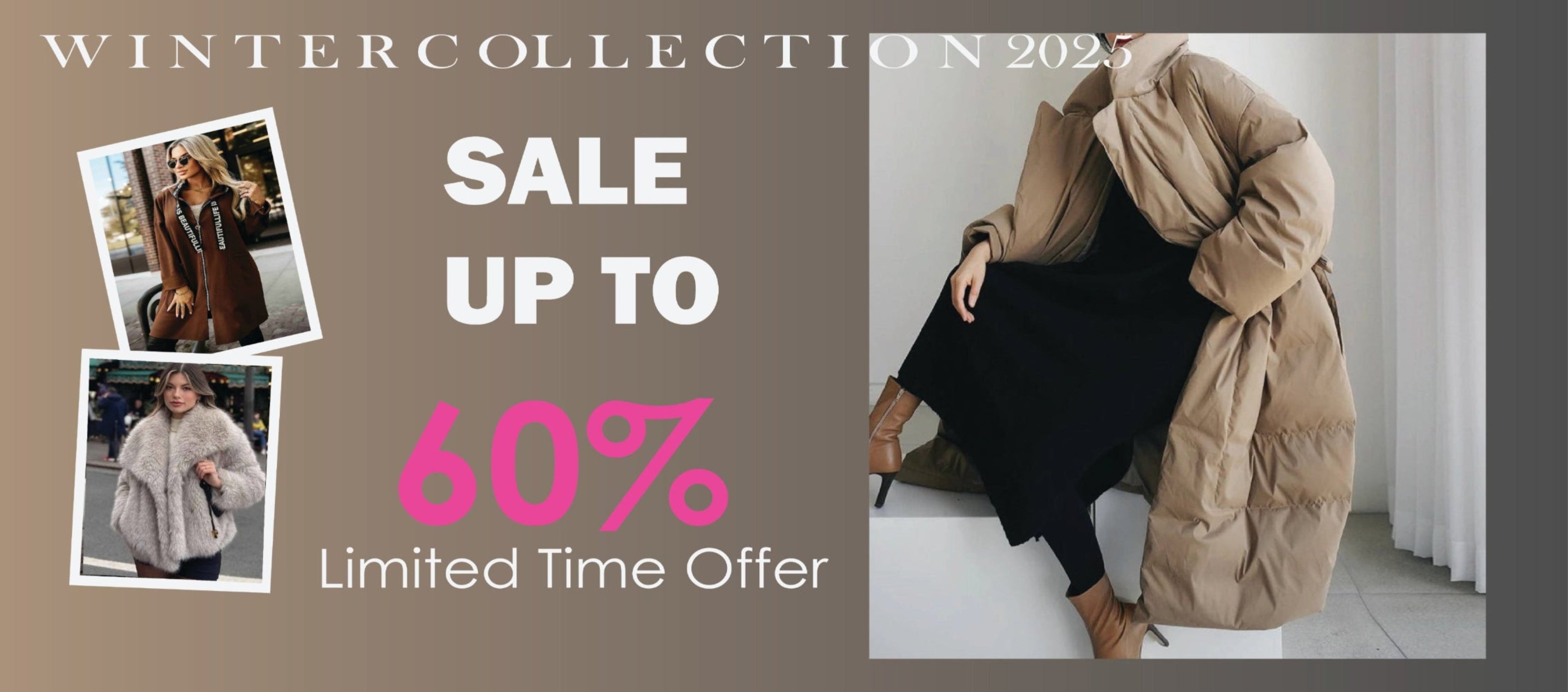 Winter collection sale advertisement with a person wearing a coat, text 'Winter Collection 2023', 'Sale up to 60%', and 'Limited Time Offer'.