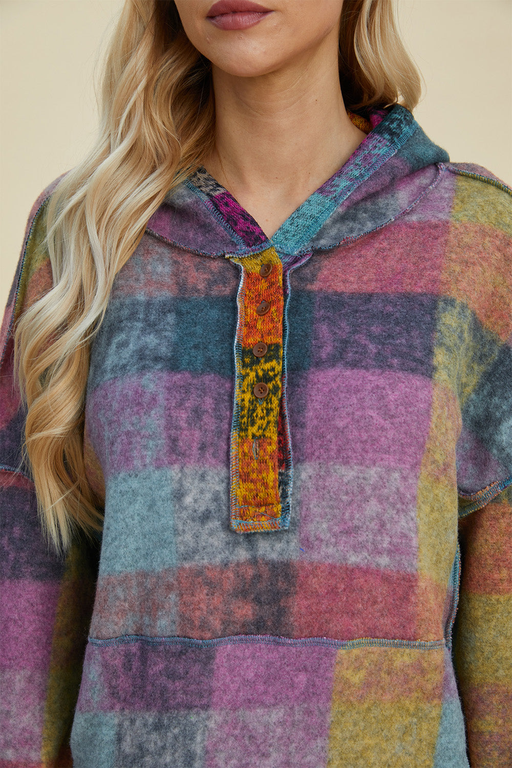 Double Take Plaid Dropped Shoulder Fleece Hoodie - Littles Collection