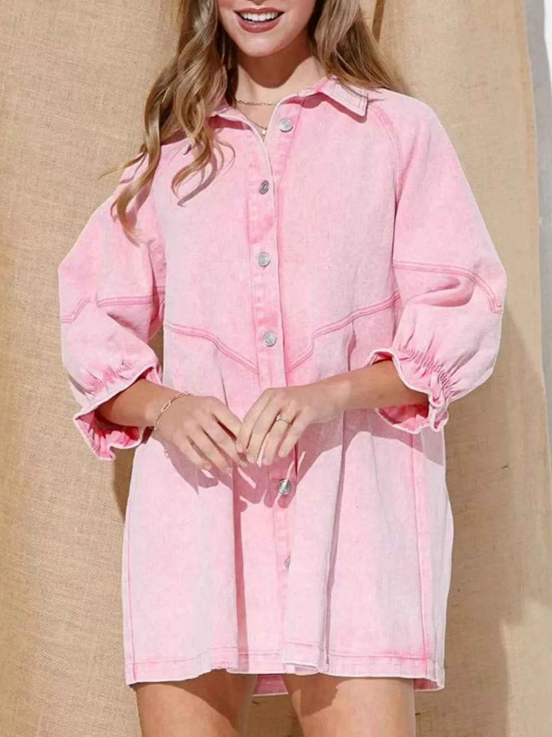 Ruffled Cuff Button-Down Denim Dress