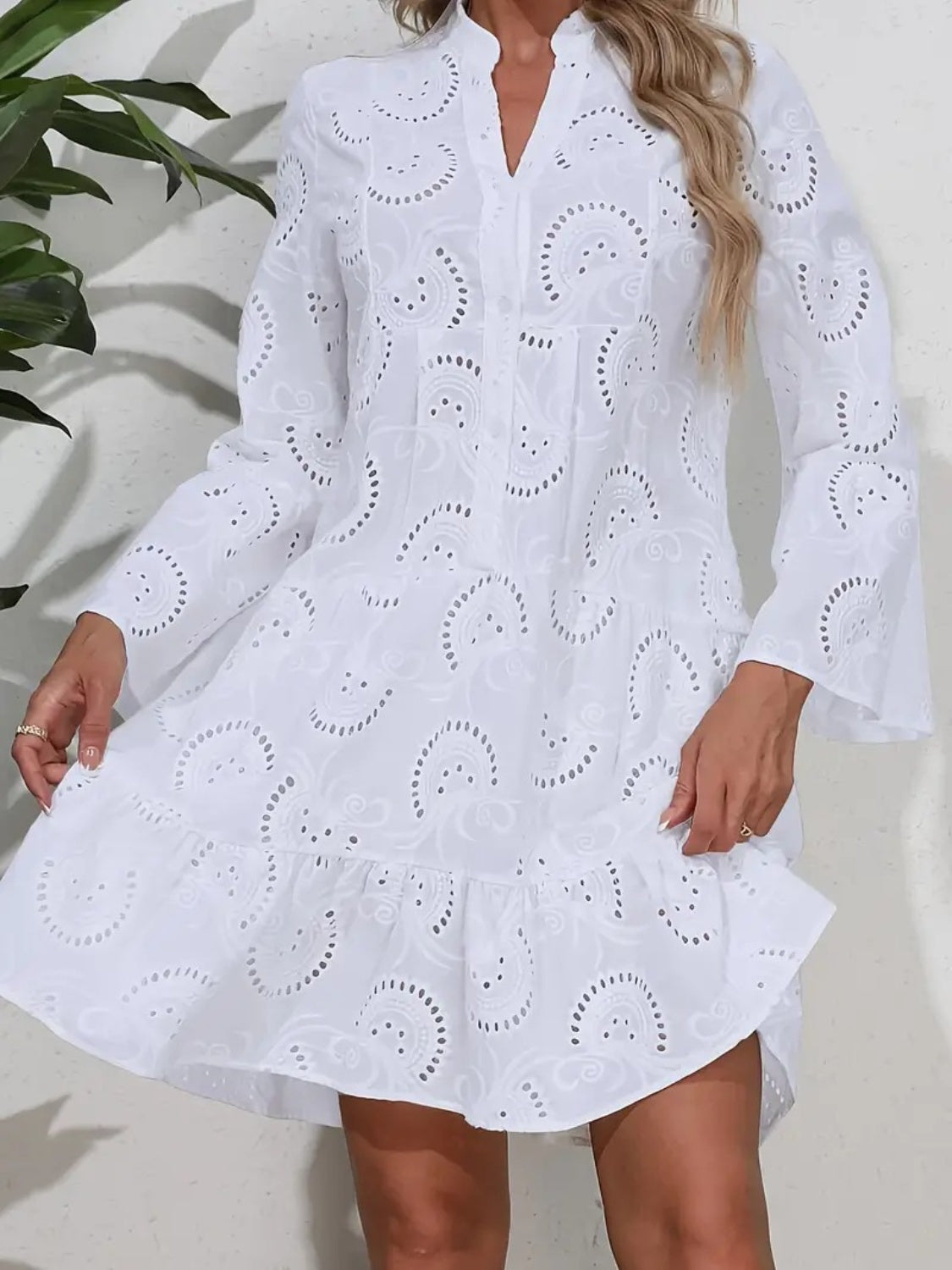 Ruffle Hem Eyelet Notched Long Sleeve Dress - Littles Collection