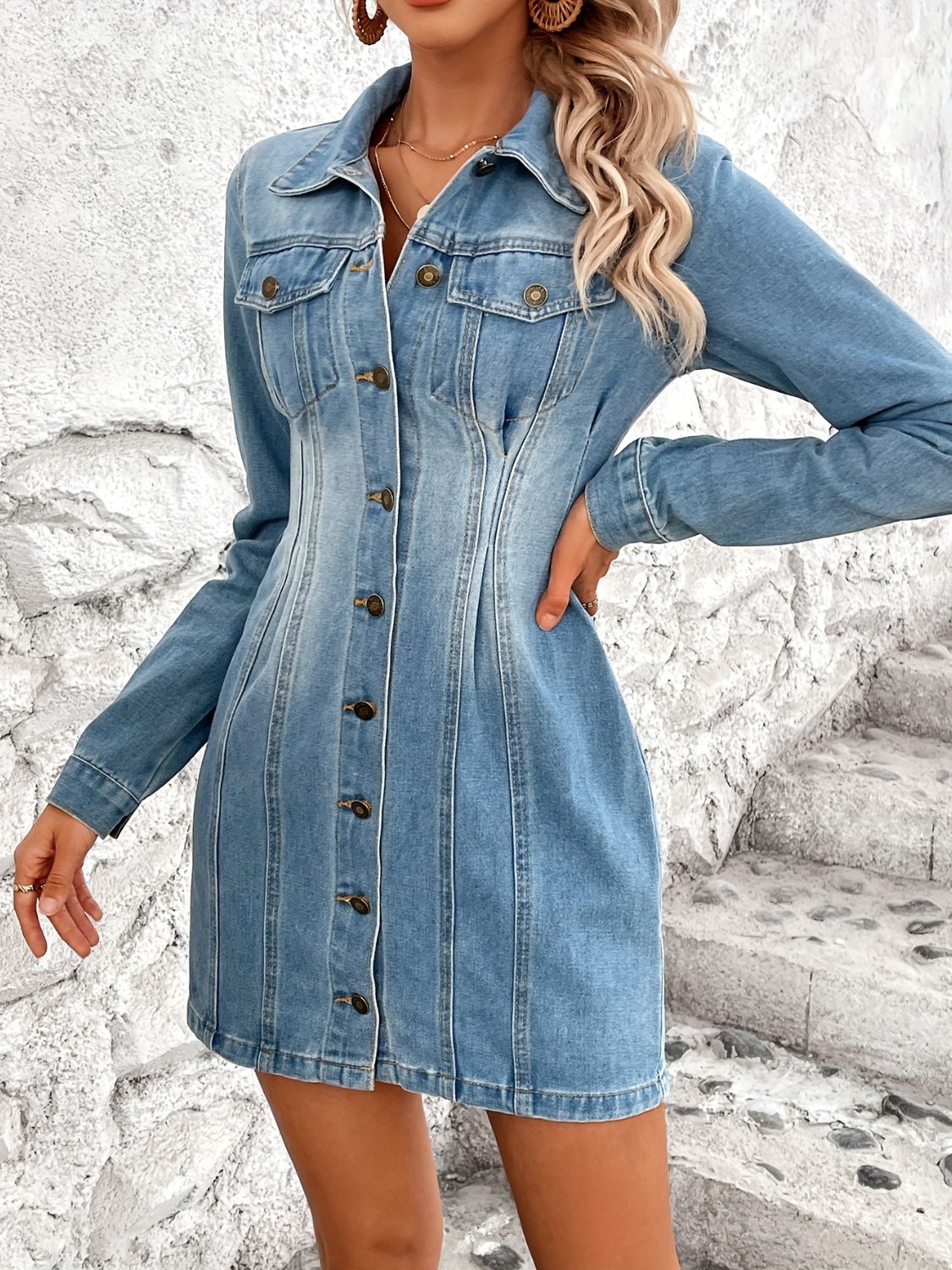 Pocketed Button Up Long Sleeve Denim Dress - Littles Collection