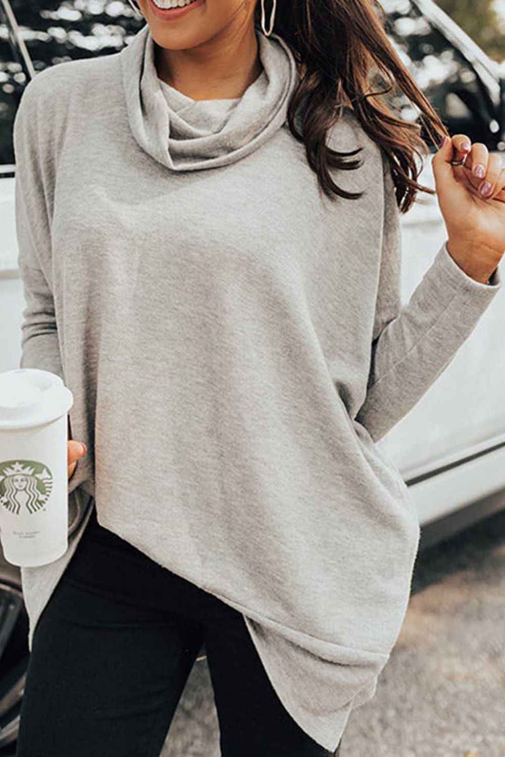 High-Low Cowl Neck Cotton Blend Blouse