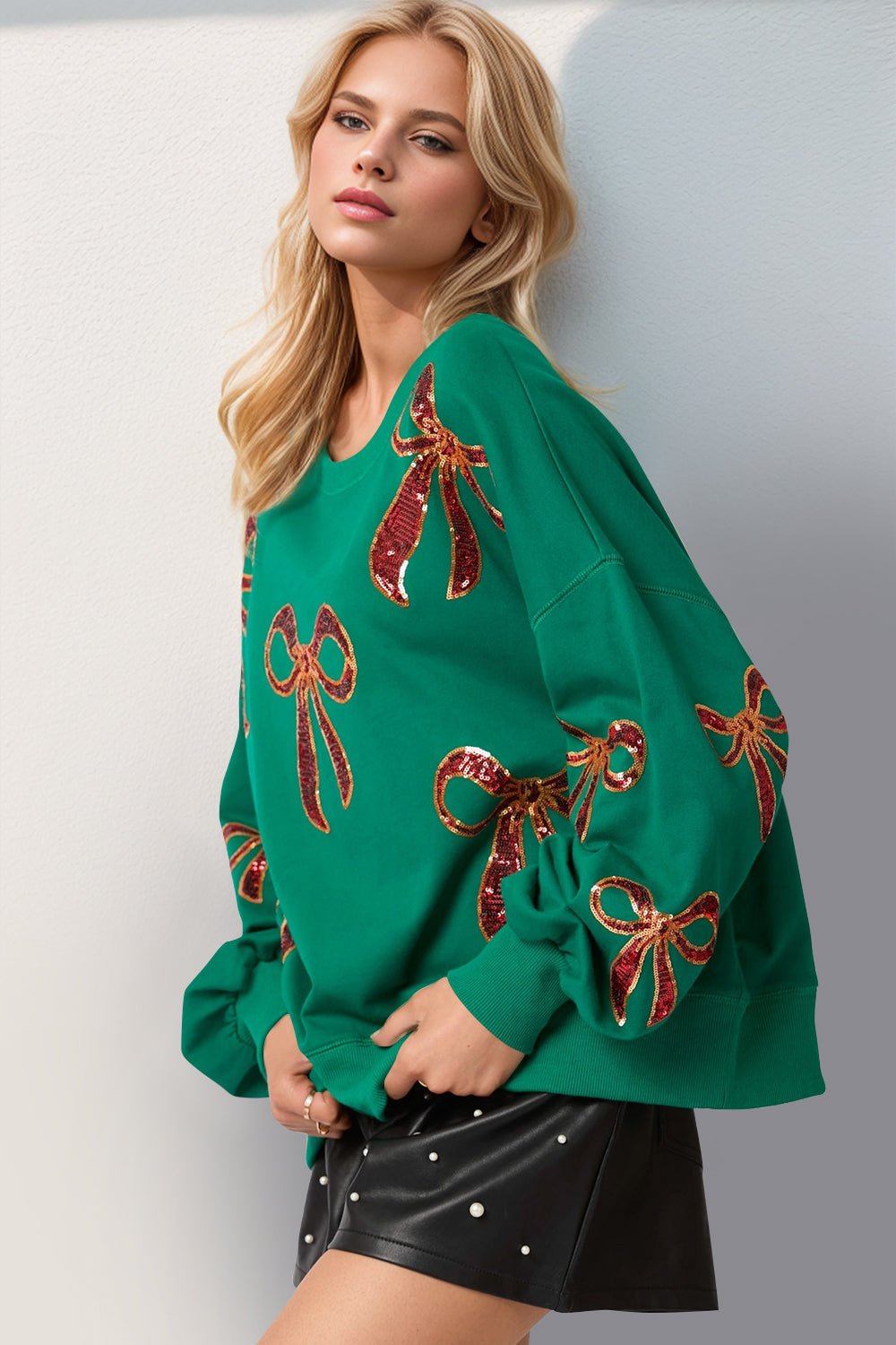 Double Take Christmas Bow Sequin Round Neck Dropped Shoulder cotton blend Sweatshirt