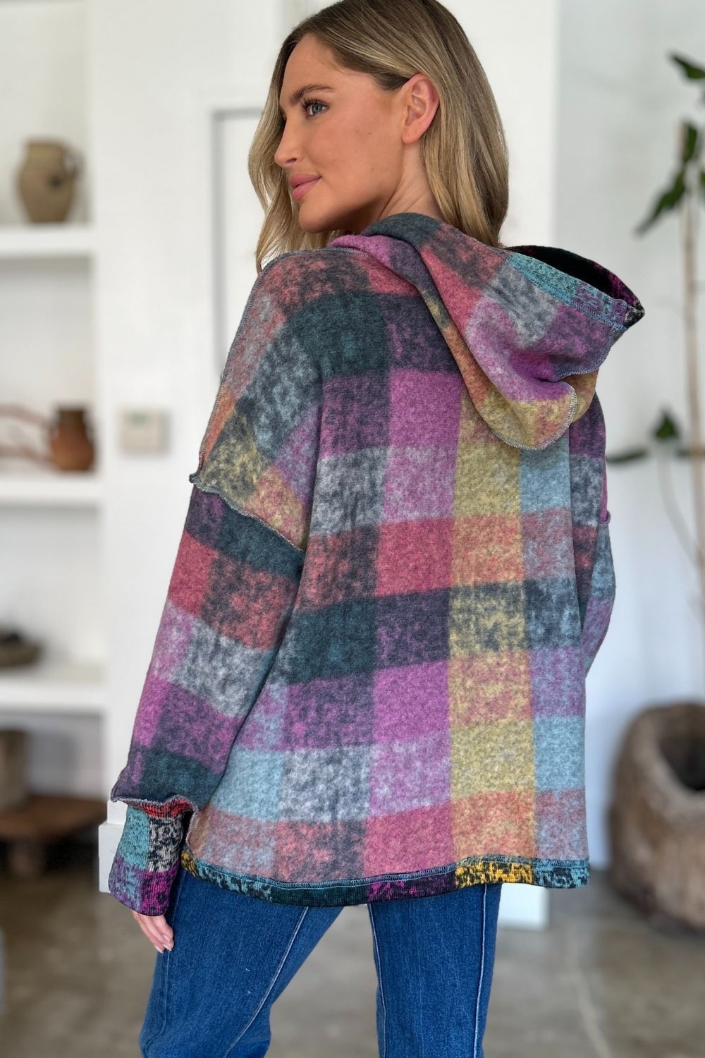 Double Take Plaid Dropped Shoulder Fleece Hoodie - Littles Collection
