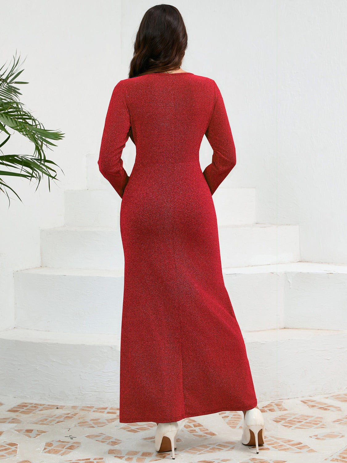 Ruched Round Neck Long Sleeve Dress - Littles Collection