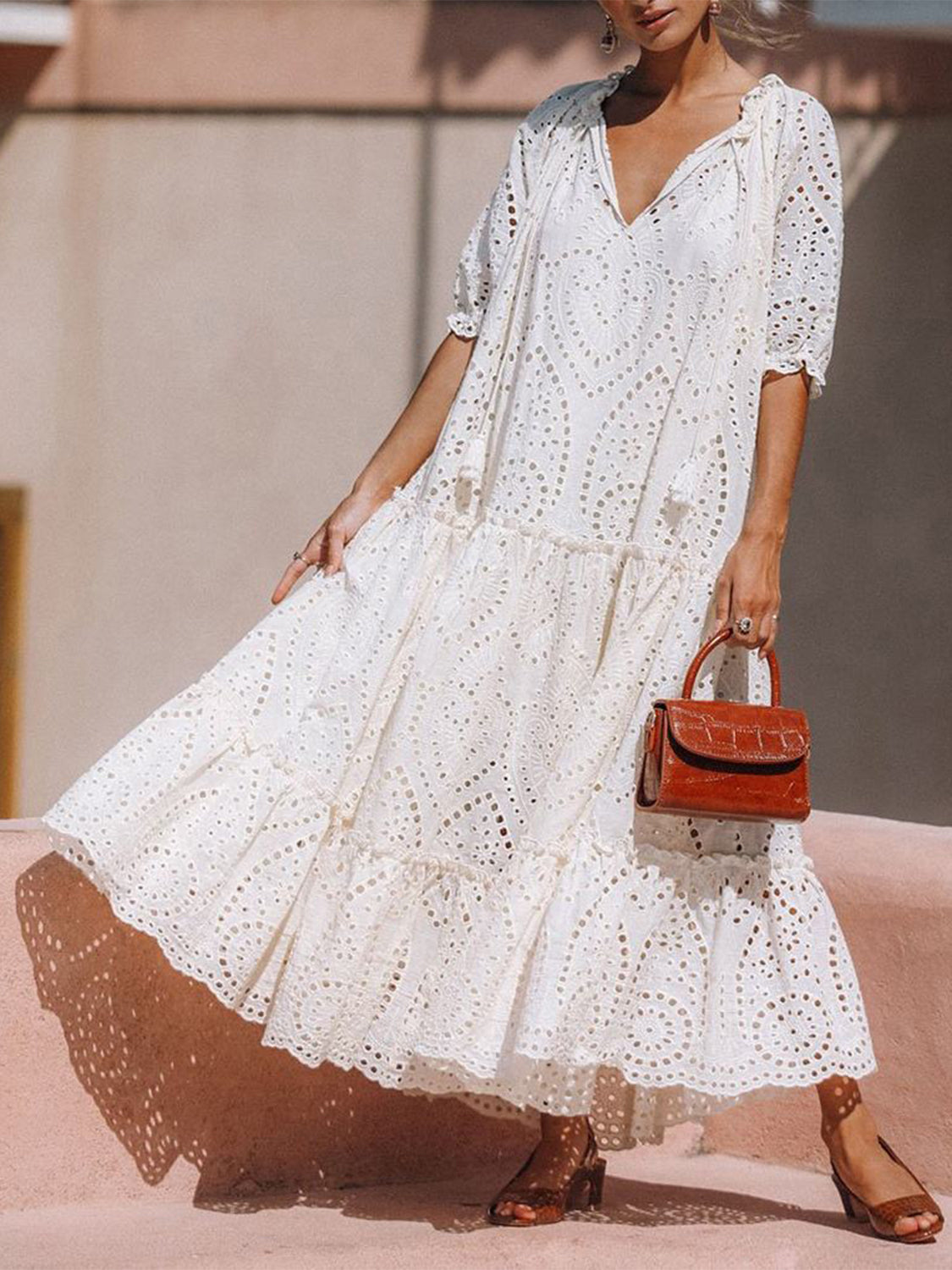 Tie Neck Half Sleeve Tiered Dress - Littles Collection