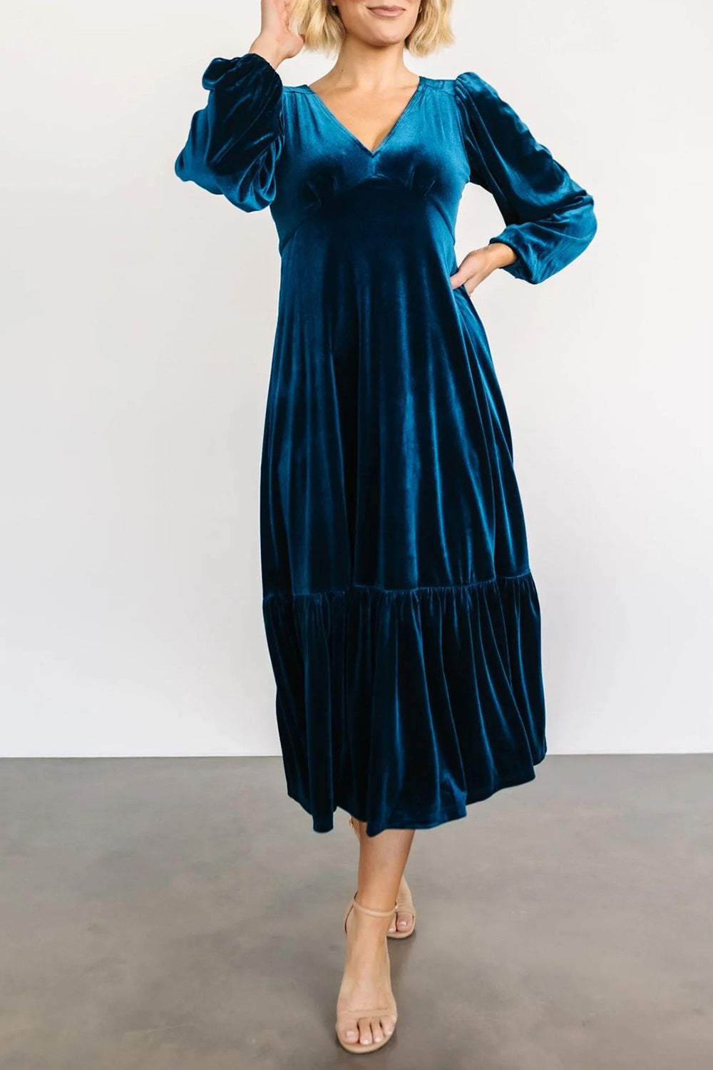 V-Neck Long Sleeve Midi Velvet Dress - Littles Collection